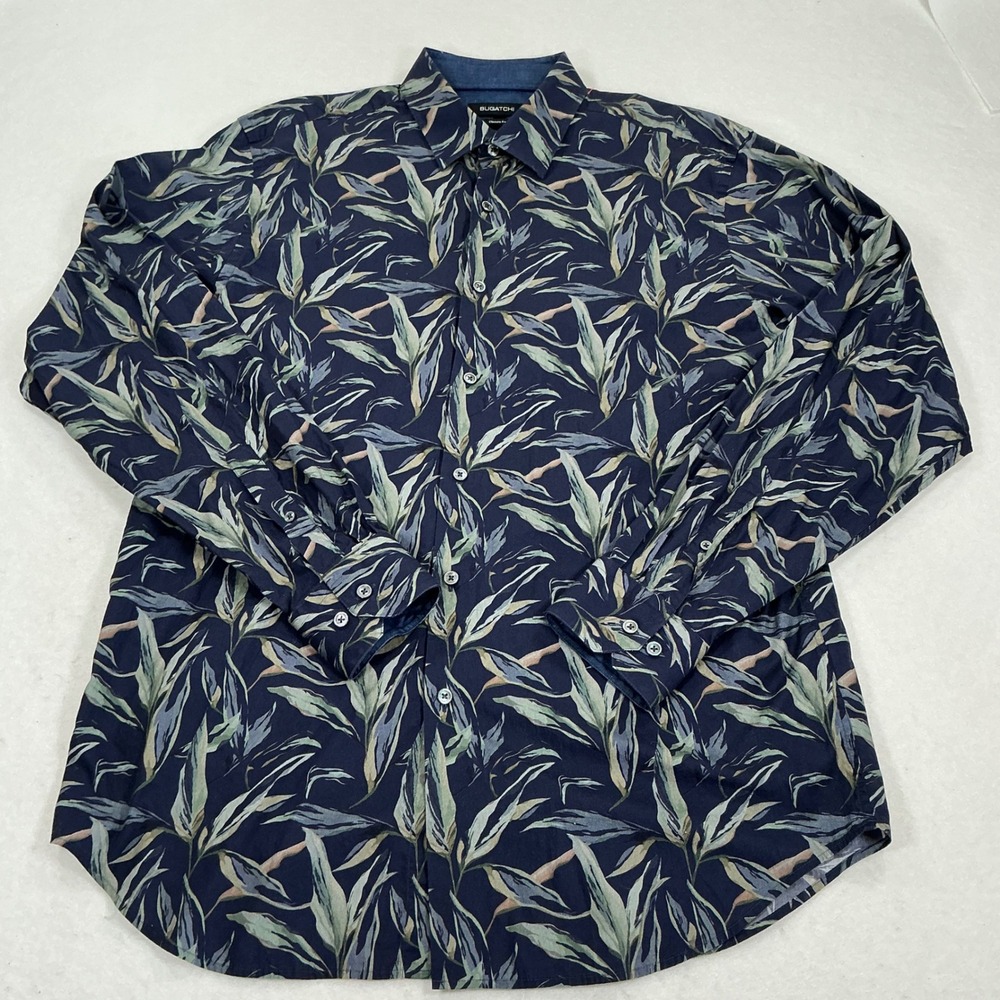Bugatchi Mens Classic Fit Long Sleeve Cotton Leaf Print Button Down KS3201L23